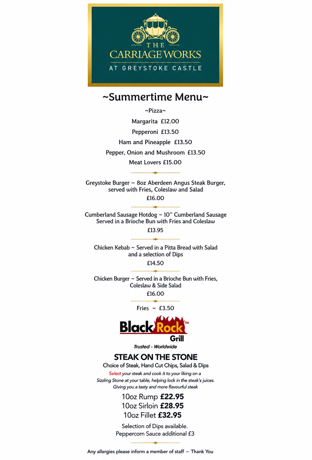 The Carriage Works summertime food menu, including pizzas, burgers, hot dogs, chicken dishes and Black Rock steaks